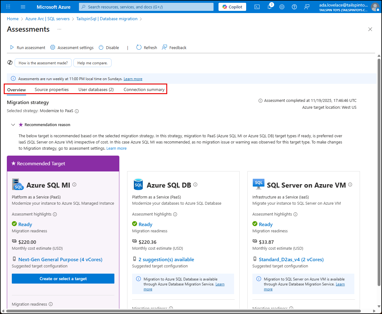 The Assessment overview is displayed with the four tabs of the assessment report highlighted.