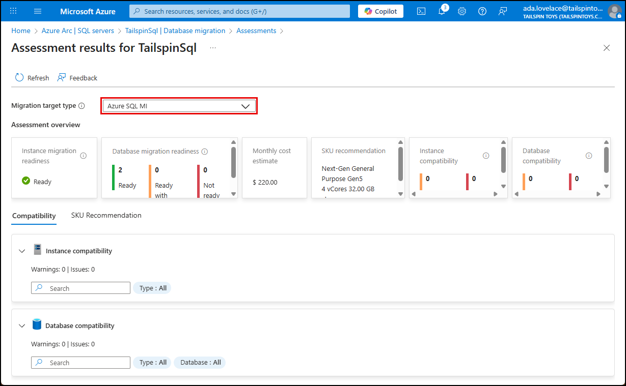 The compatibilitity results are displayed for Azure SQL MI.