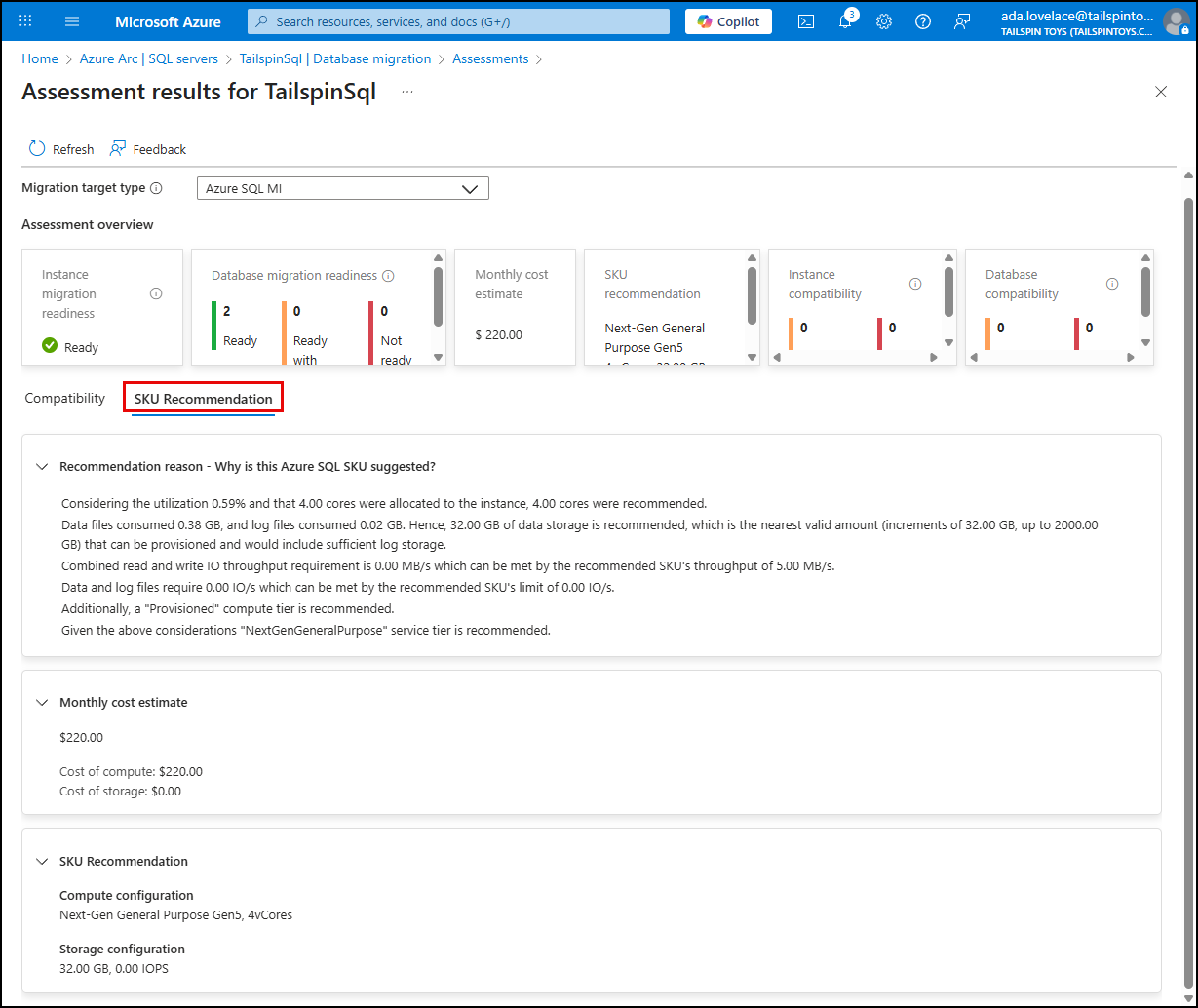The SKU Recommendation tab is selected and highlighted.