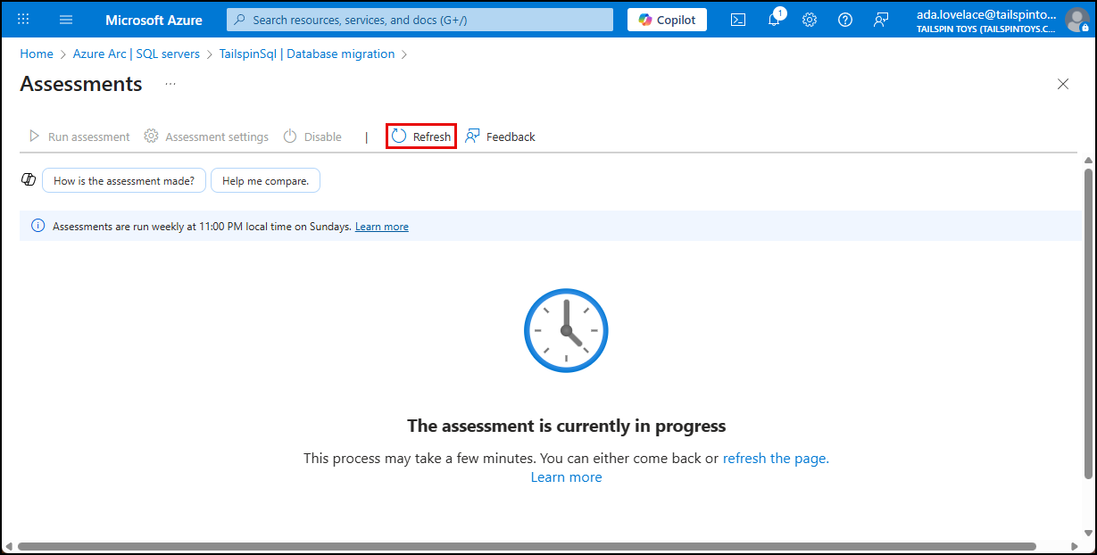 The Refresh button is highlighted on the Assessments toolbar.