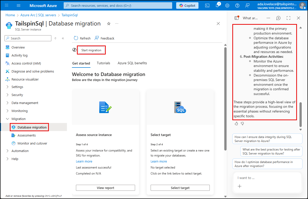 The Database migration menu item is selected and highlighted. Start migration is highlighted, along with Copilot's generated summary of the migration process.