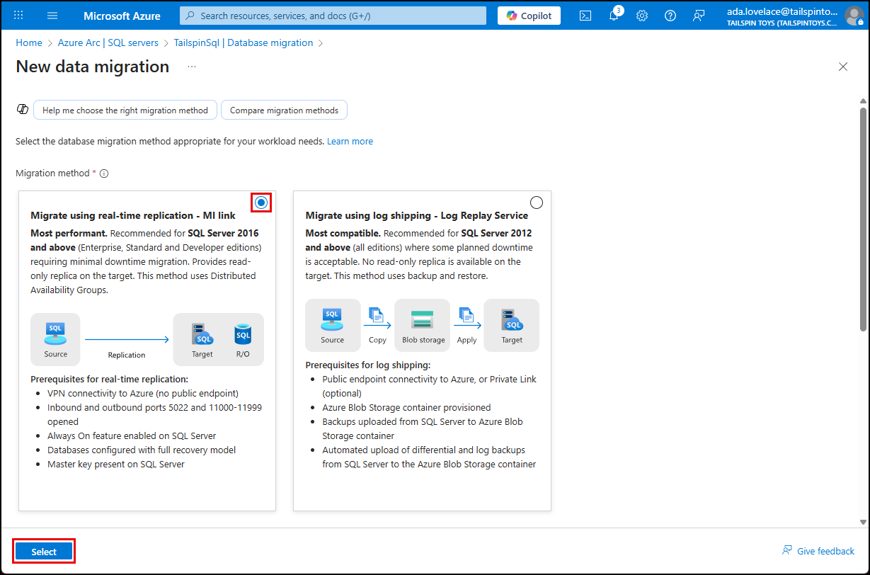 Migrate using real-time MI-Link is selected and highlighted, and the Select button is highlighted.