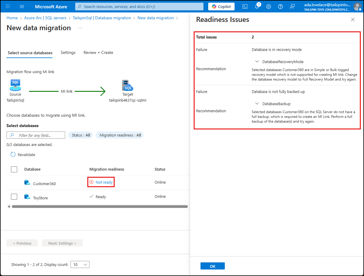 The Not ready status is highlighted next to the Customer306 database and the issues are highlighted in the Readiness Issues dialog.