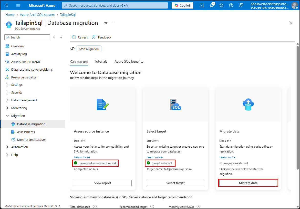 The completed tasks are highlighted, and the Migrate data button is highlighted under Step 3.
