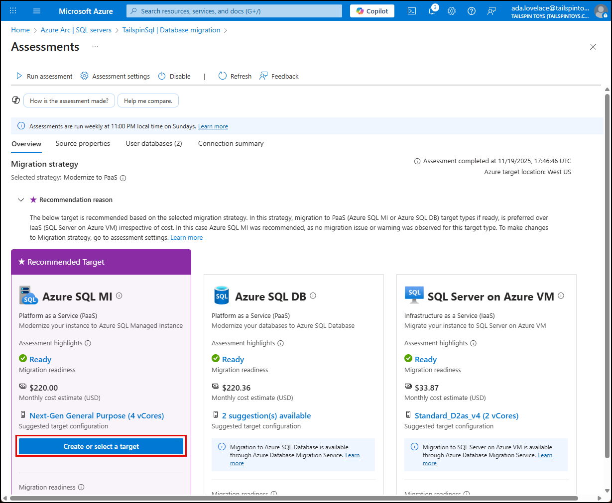The Create or select a target button within the Azure SQL MI tile is highlighted.