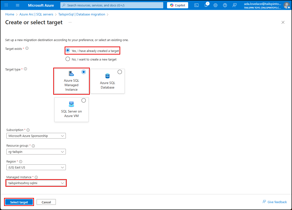 On the Create or select target blade, Yes, I have already created a target, Azure SQL Managed Instance, and the Managed Instance are highlighted. The select target button is also highlighted.