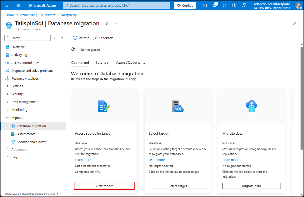 The View report button is highlighted within the Assess source instance tile.