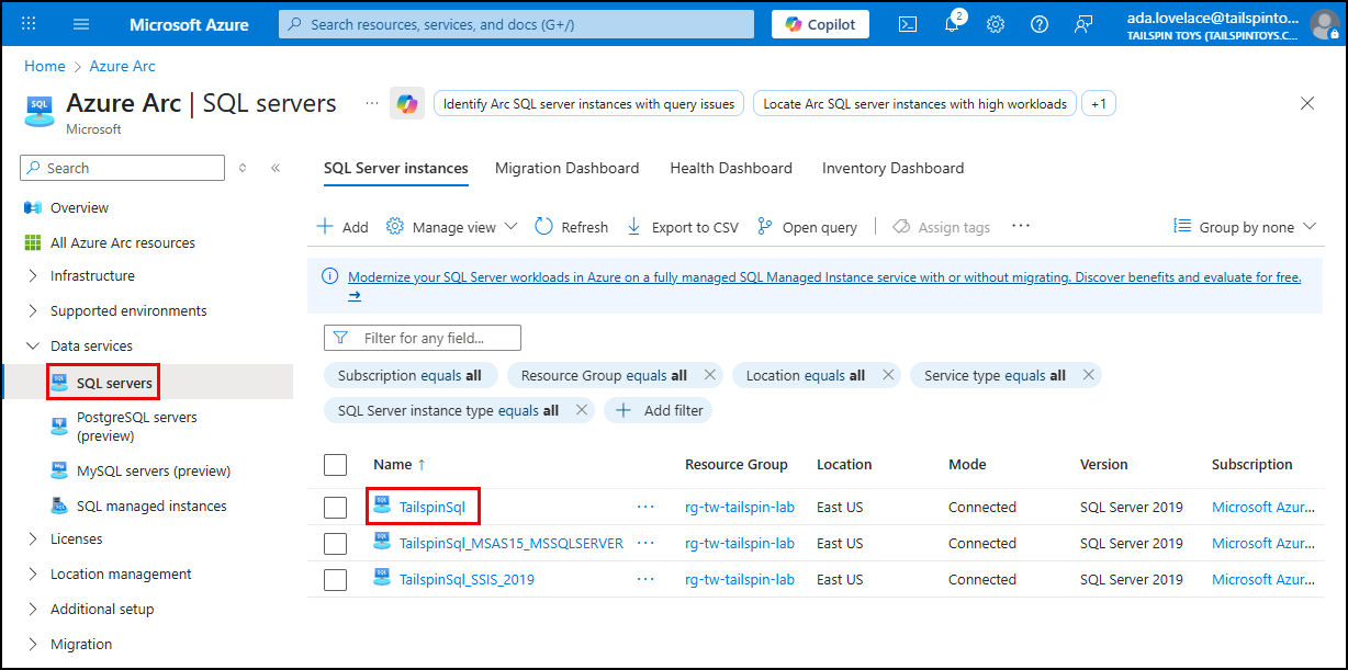 SQL servers is highlighted under Data services in the left menu of the Arc blade, and TailspinSql is highlighted in the server instances list.