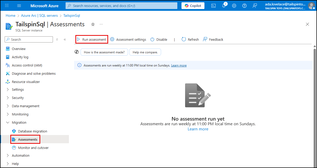 Assessments is selected and highlighted in the left menu and the Run assessment button is highlighted on the toolbar.
