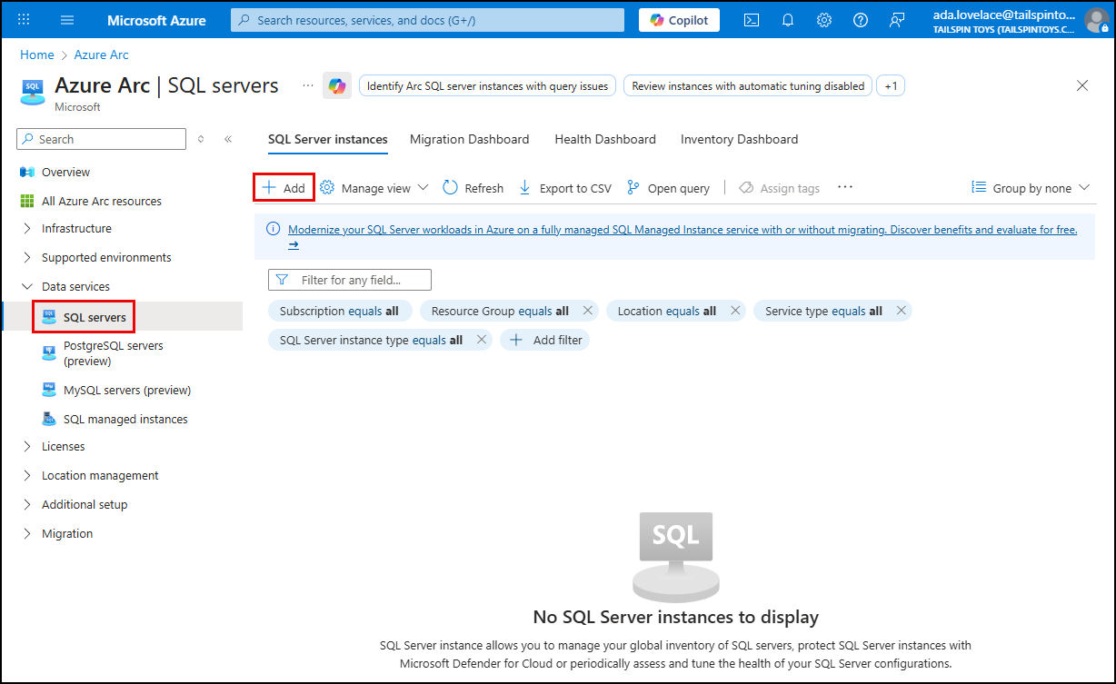 SQL servers is highlighted under Data services in the left menu of the Arc blade, and Add is highlighted on the toolbar.