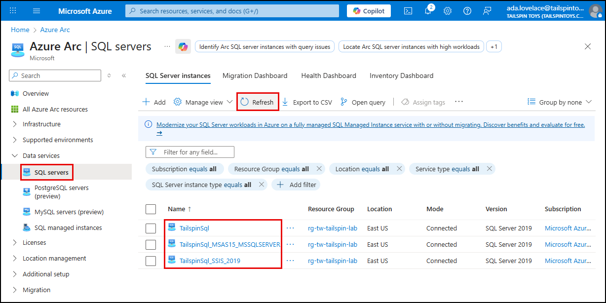 SQL Servers is highlighted under Data services on the Azure Arc page, the Refresh button is highlighted, and the TailspinSql server is highlighted in the list of SQL Servers.
