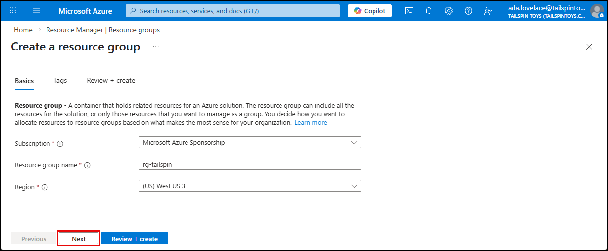 On the Basics tab of the Create a resource group dialog, the resource group name is populated, and the subscription and region are selected. The Next button is highlighted.