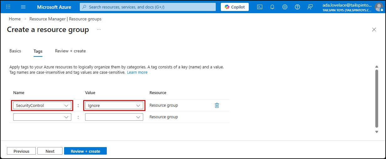 The SecurityControl and Ignore name and value textboxes are highlighted on the Tags tab.