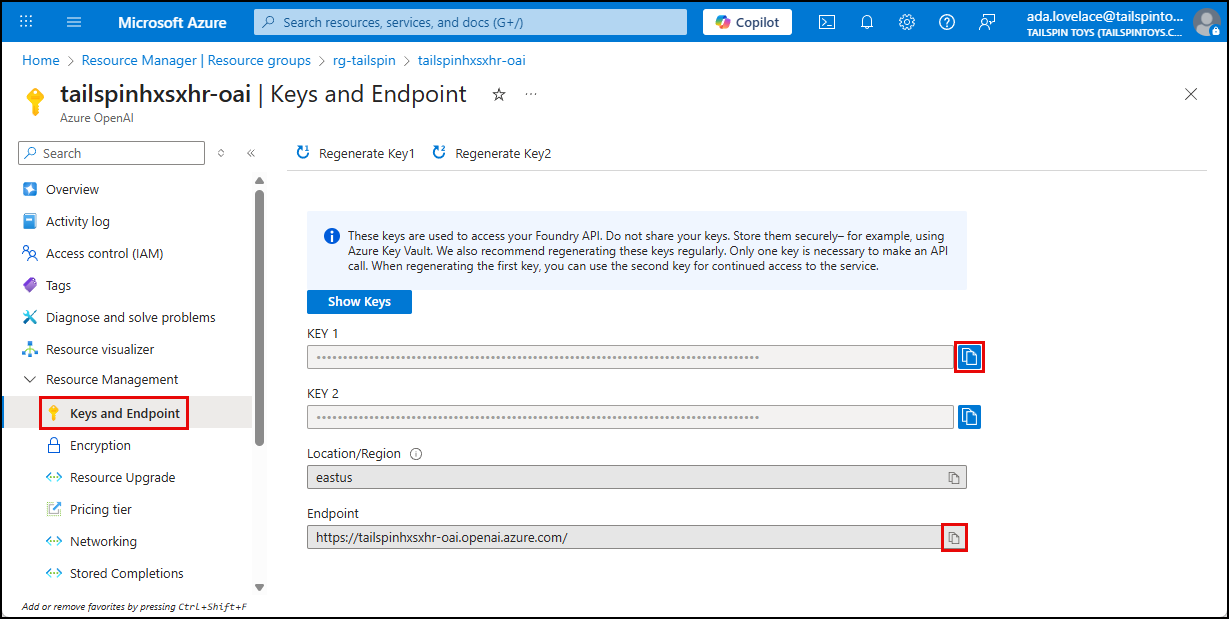The Keys and Endpoint menu item is selected and highlighted, and the copy to clipboard buttons for KEY 1 and Endpoint are highlighted.