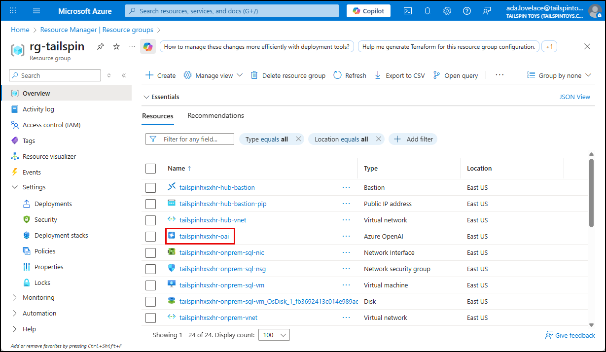 The Azure OpenAI resource is highlighted in the resource list of the lab resource group.