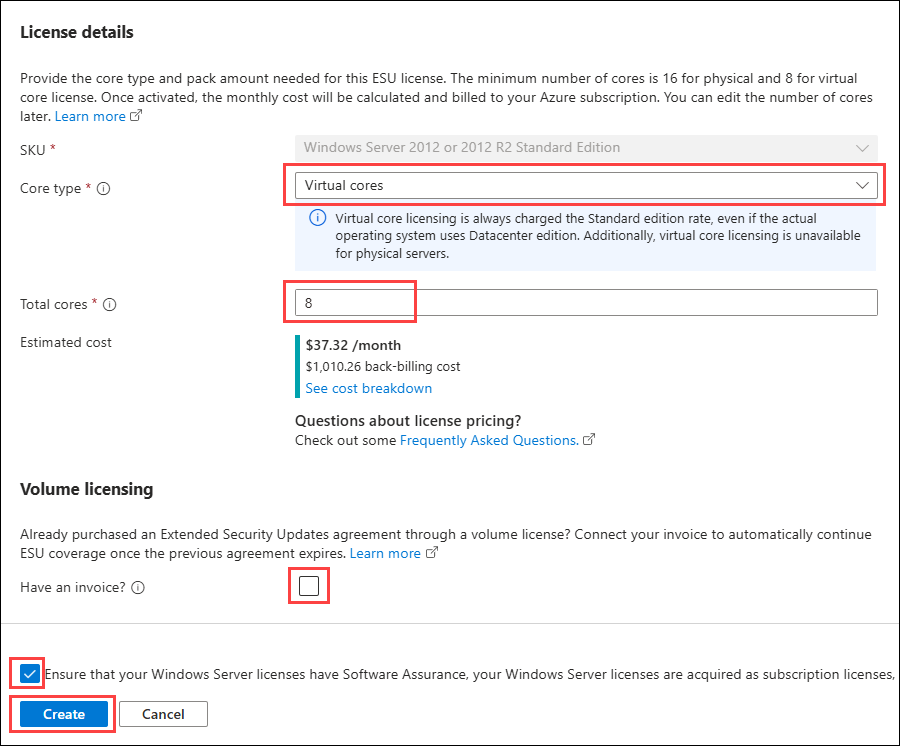 Azure Portal create Extended Security Updates license The Azure Portal is shown with the relevant fields highlighted in the Create an Extended Security Updates license pane.