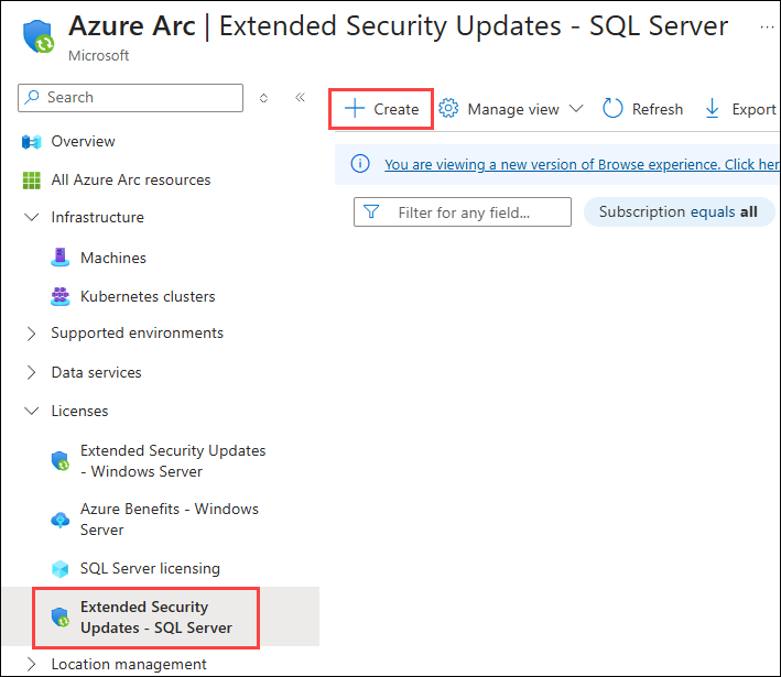 Azure Portal create Extended Security Updates SQL Server The Azure Portal is shown with the Extended Security Updates - SQL Server option selected and the + Create button highlighted.