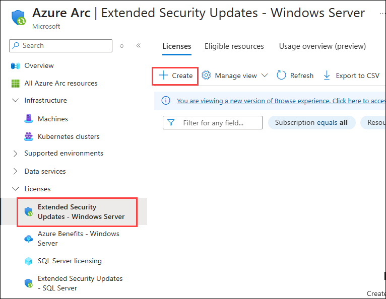 Azure Portal create Extended Security Updates The Azure Portal is shown with the Extended Security Updates - Windows Server option selected and the + Create button highlighted.