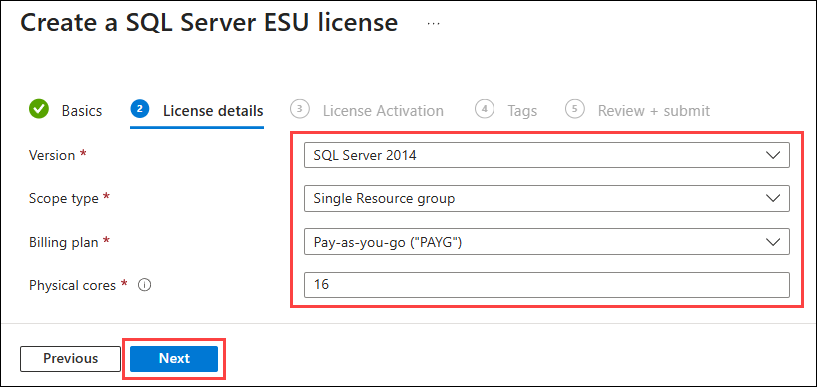 Azure Portal create SQL Server ESU License The License details tab is shown with the relevant fields highlighted.