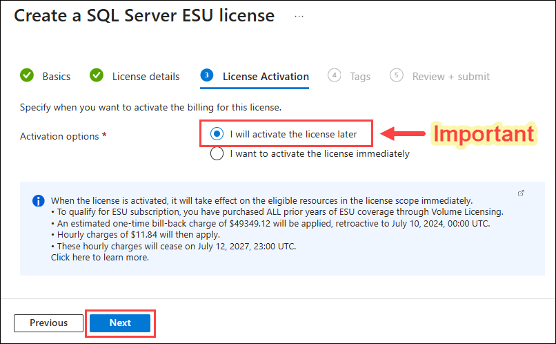 Azure Portal create SQL Server ESU License The License Activation tab is shown with the relevant fields highlighted.