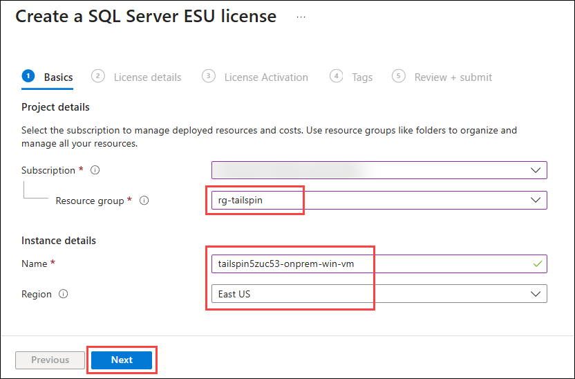 Azure Portal create SQL Server ESU License The Create a SQL Server ESU License pane is displayed with the relevant fields highlighted.