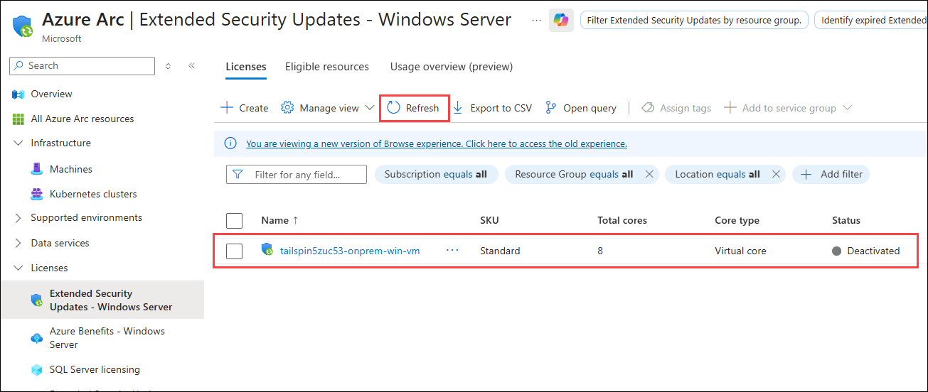 Azure Portal Extended Security Updates license deactivated The Azure Portal is shown with the new Extended Security Updates license listed in a Deactivated state.
