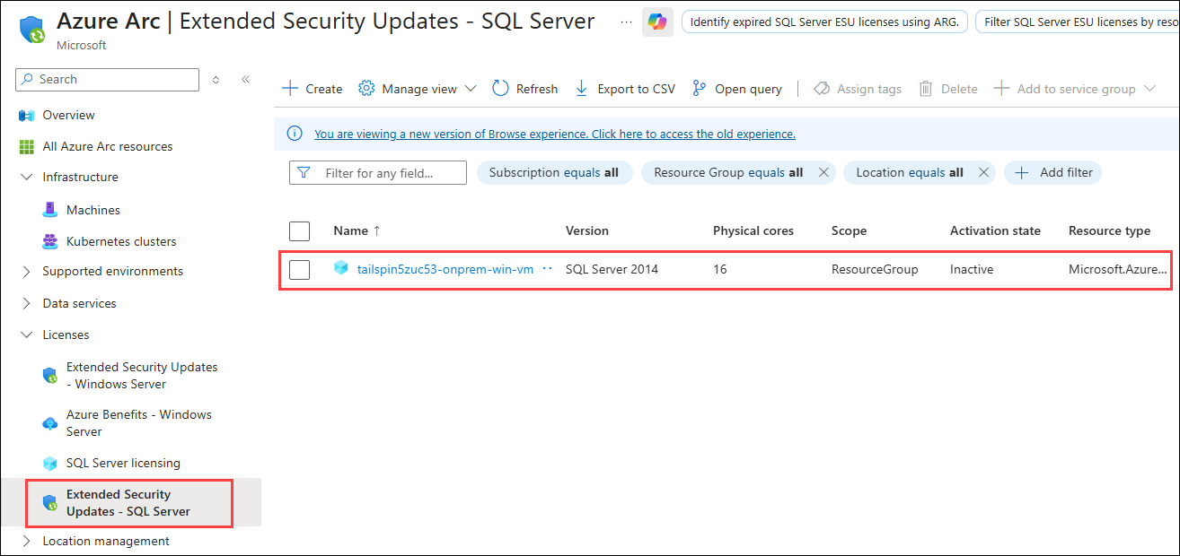 Azure Portal Extended Security Updates - SQL Server license inactive The Azure Portal is shown with the new Extended Security Updates - SQL Server license listed in an Inactive state.