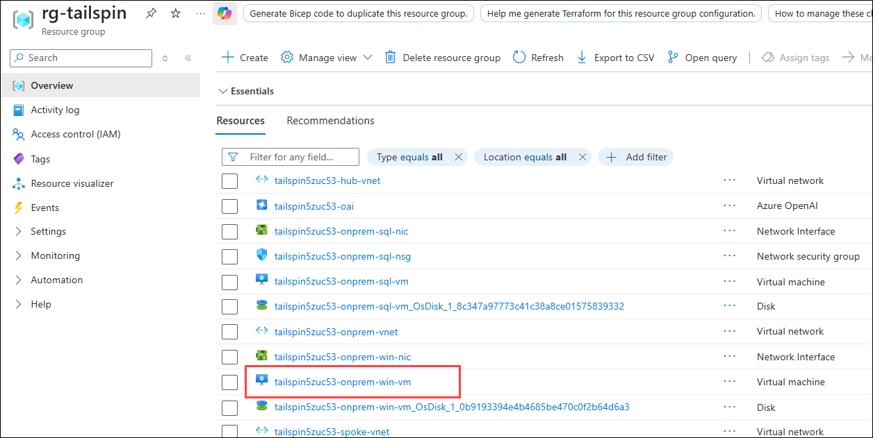 The resource group for the lab is shown with the simulated on-premises Windows Server 2012 VM highlighted in the resource list.