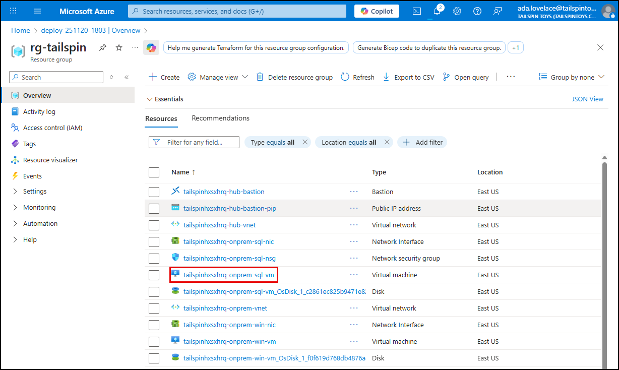 The Virtual machine pane for the Simulated on-premises SQL Server VM is shown in the Azure Portal.