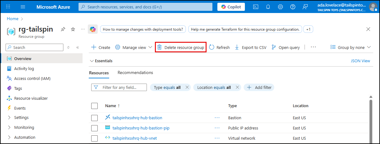 The Resource group pane in the Azure Portal for the resource group for this exercise is shown with the Delete resource group button highlighted.
