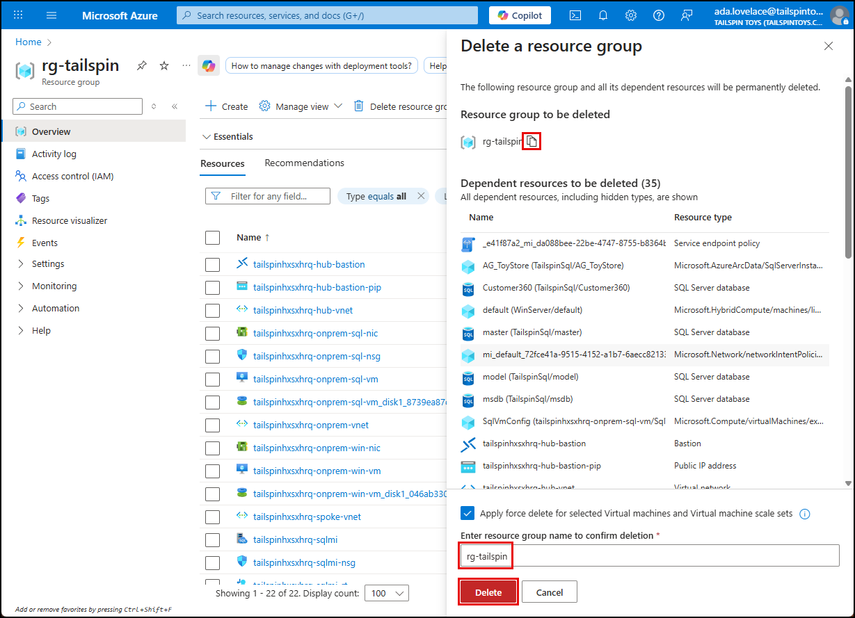 The Delete resource group pane is shown with the Resource group name entered in the field to confirm deletion.