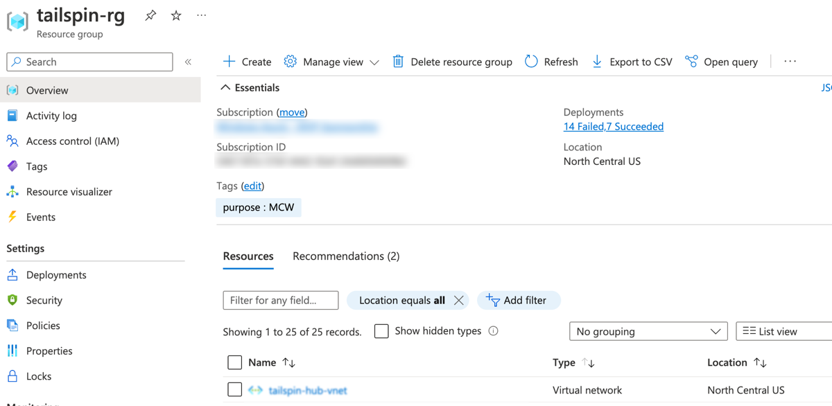 tailspin-rg resource group The tailspin-rg Resource group for the lab is shown in the Azure Portal.