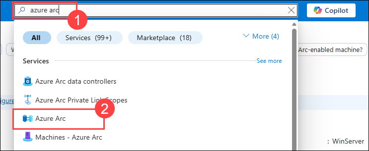 Azure Portal search for Azure Arc The Azure Portal is shown with Azure Arc entered in the search bar and the Azure Arc service highlighted in the search results.