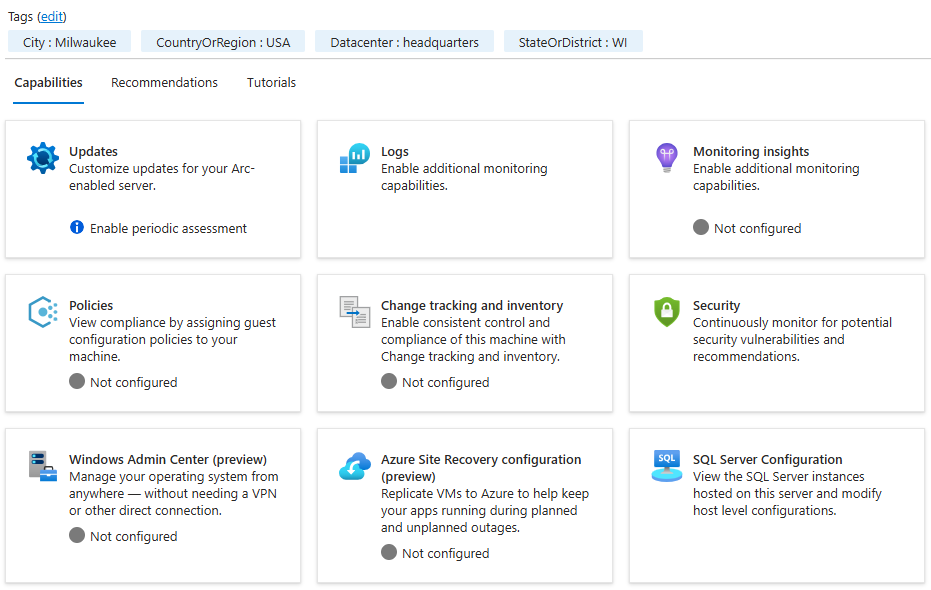 Azure Arc capabilities listed on the Machine - Azure Arc pane The Capabilities section of the Machine - Azure Arc pane is shown with the list of capabilities to choose from.