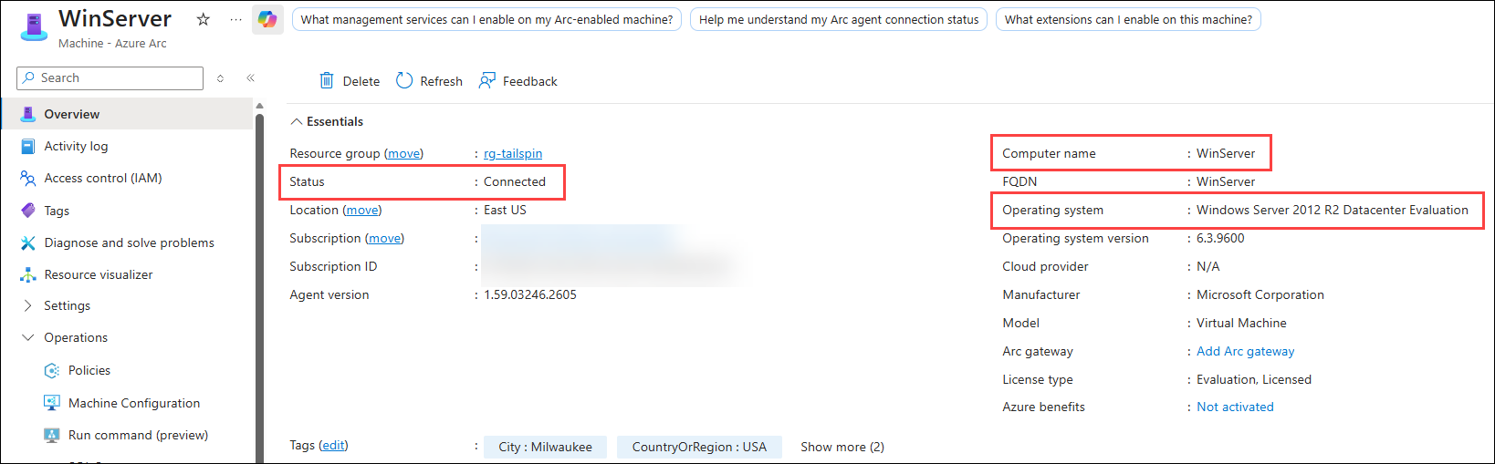 Azure Portal Machine - Azure Arc pane for Azure Arc-enabled virtual machine The Machine - Azure Arc pane in the Azure Portal is shown for the on-premises VM with status, computer name, and operating system values highlighted within the Essentials section.