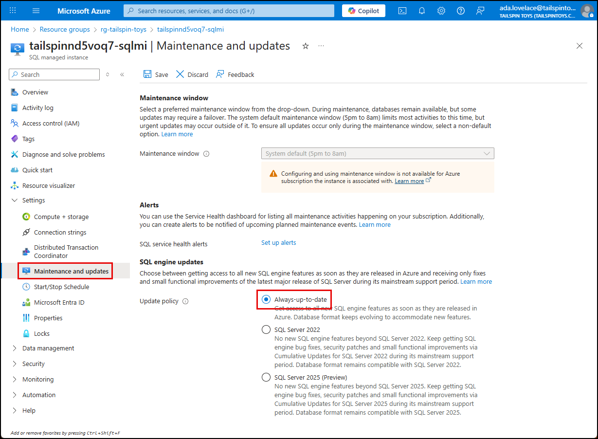 The maintenance and updates blade of SQL MI is displayed with the Always-up-to-date update policy selected and highlighted.