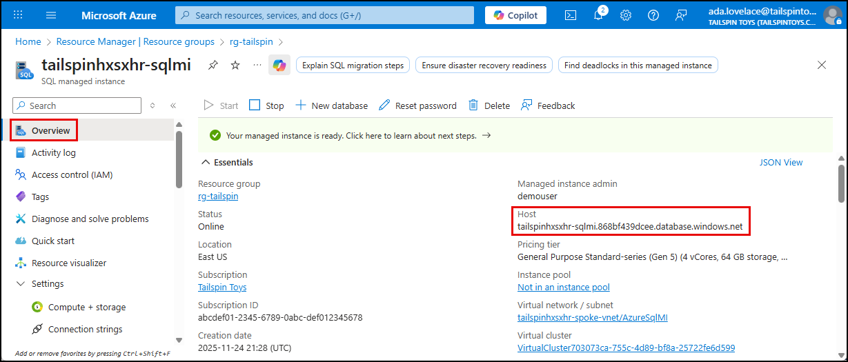 In the Essentials panel of the SQL MI overview blade, the Host property is highlighted.