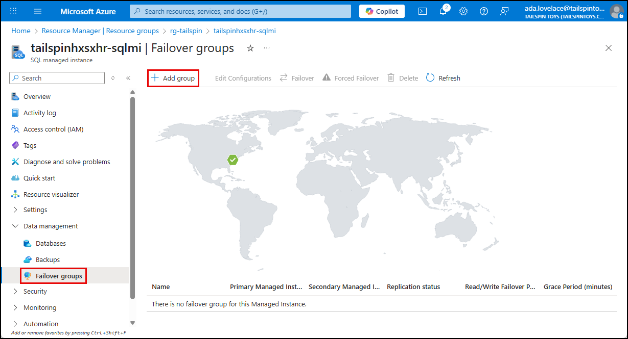 On the Failover groups page, the Add group button is highlighted.