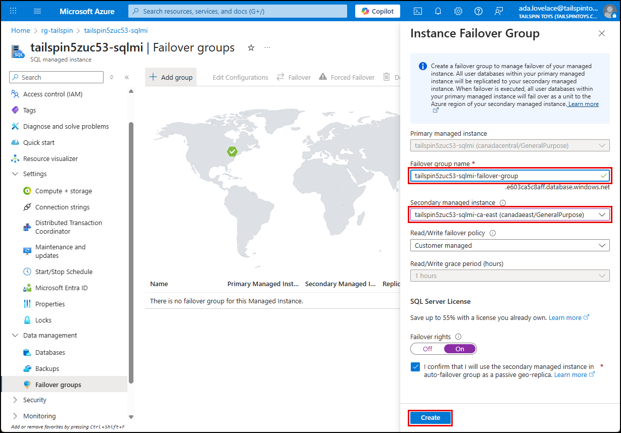 The instance failover group dialog is displayed, with the failover group name and secondary instance specified.