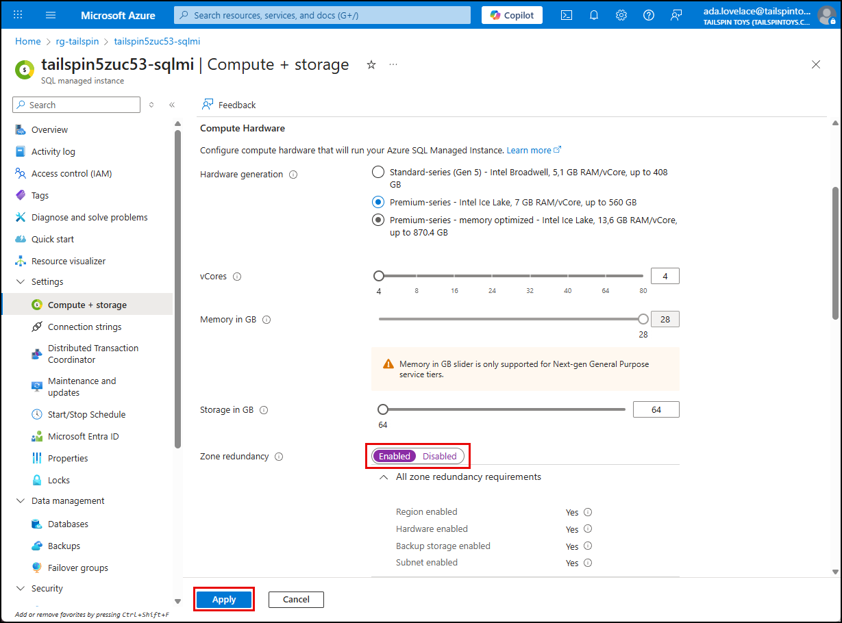 On the SQL MI Compute + storage page, zone redundancy is enabled.