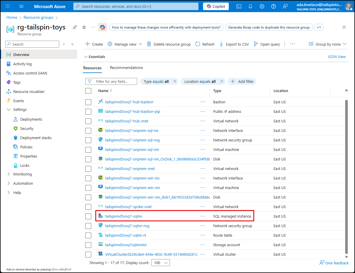 The SQL managed instance resource in highlighted in the resource group.