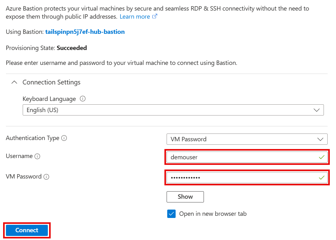 The Bastion pane is shown for the VM with the Username and Password values entered and fields highlighted.
