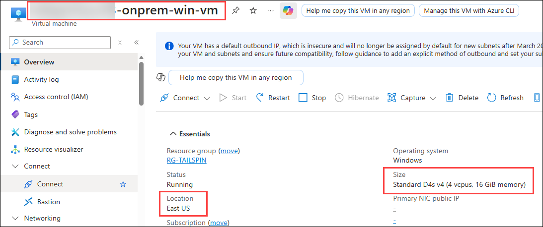 Azure Portal VM Overview The Virtual Machine overview pane is displayed with the VM size highlighted, which contains the number of cores.