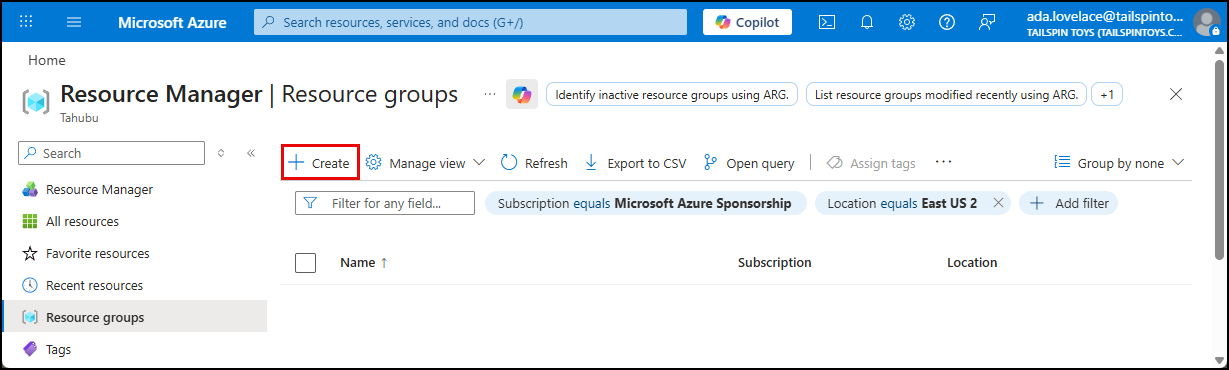 The Create button is highlighted on the Resource groups blade.