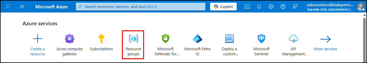 Resource groups is highlighted under Azure services on the Azure portal home page.