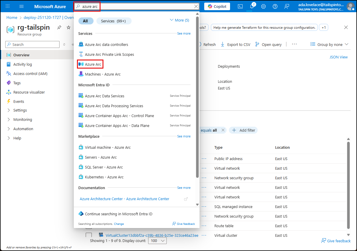 The text "azure arc" is entered in the search box, and Azure Arc is highlighted under Services in the results.