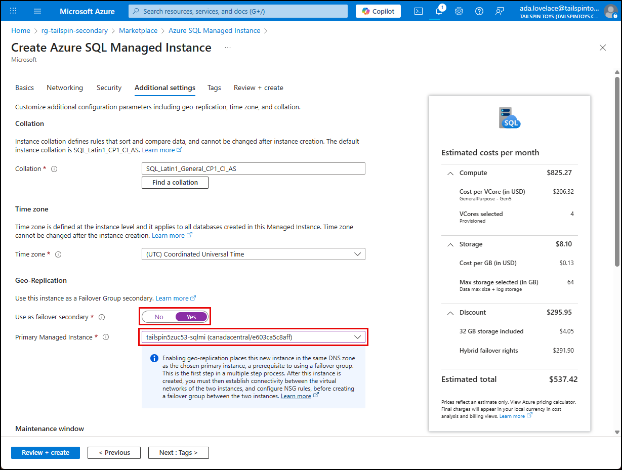 The use as failover secondary option is set to yes and the primary instance is set to the primary SQL MI.