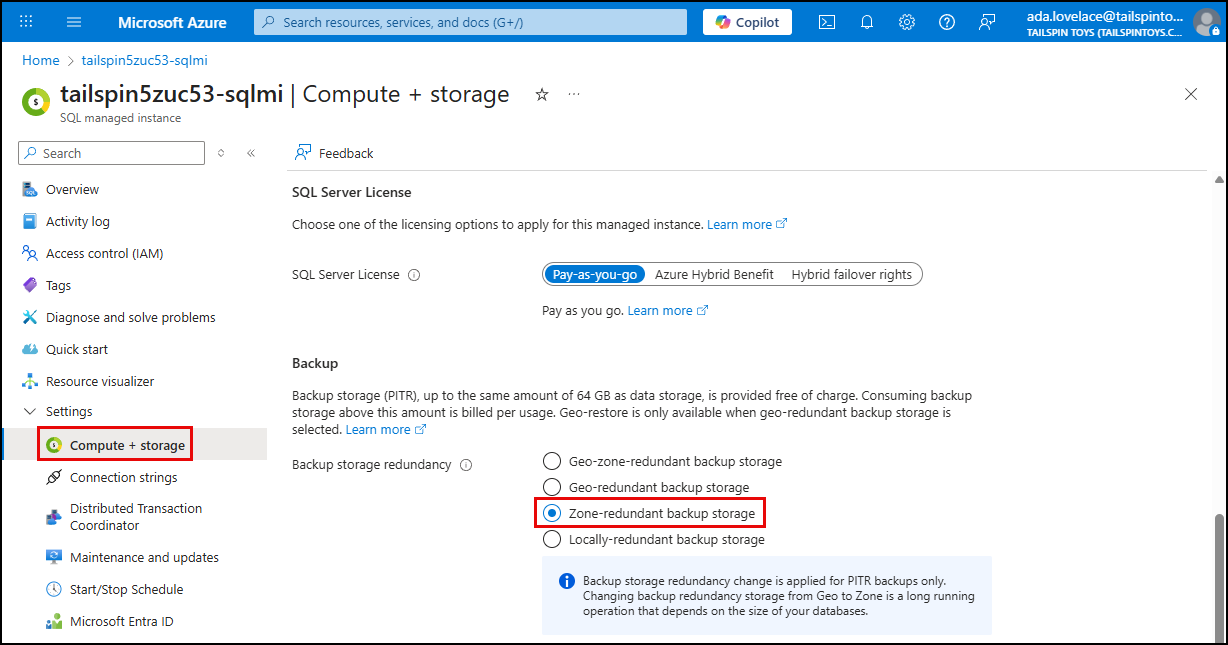 On the SQL MI Compute + storage page, backup storage redundancy is set to Zone-redundant storage (ZRS).