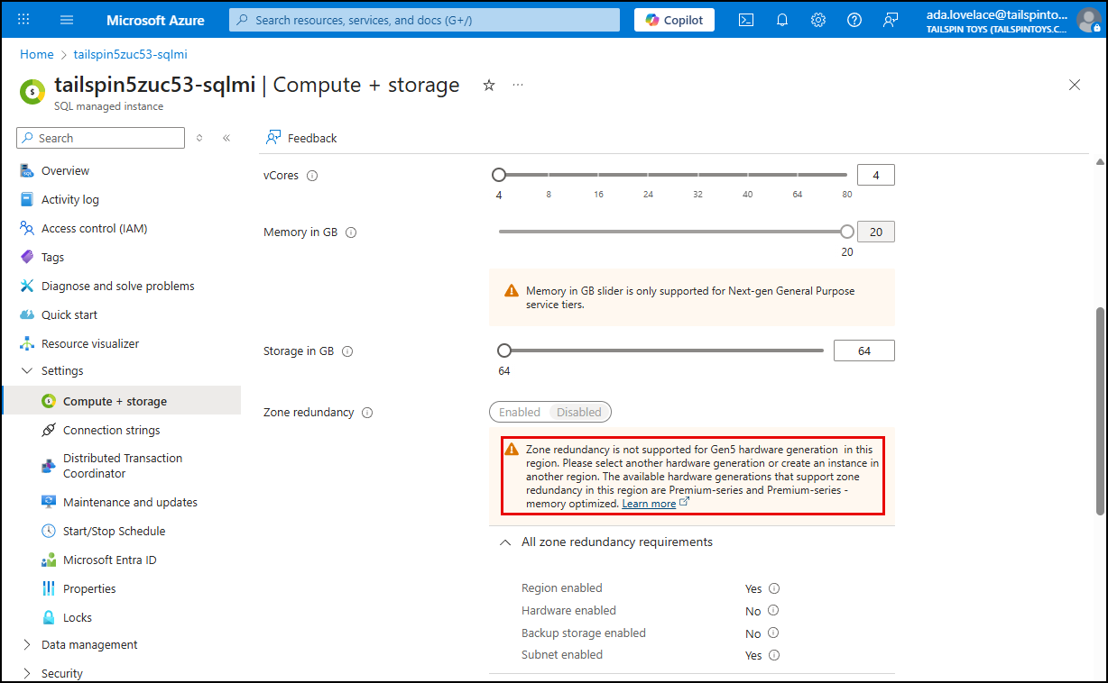 The zone redundancy hardware not supported message is displayed, with guidance on what compute hardware you must select to enable zone redundancy.