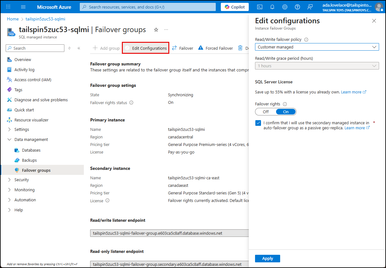 The failover groups configuration shows the primary and secondary instances and their settings.
